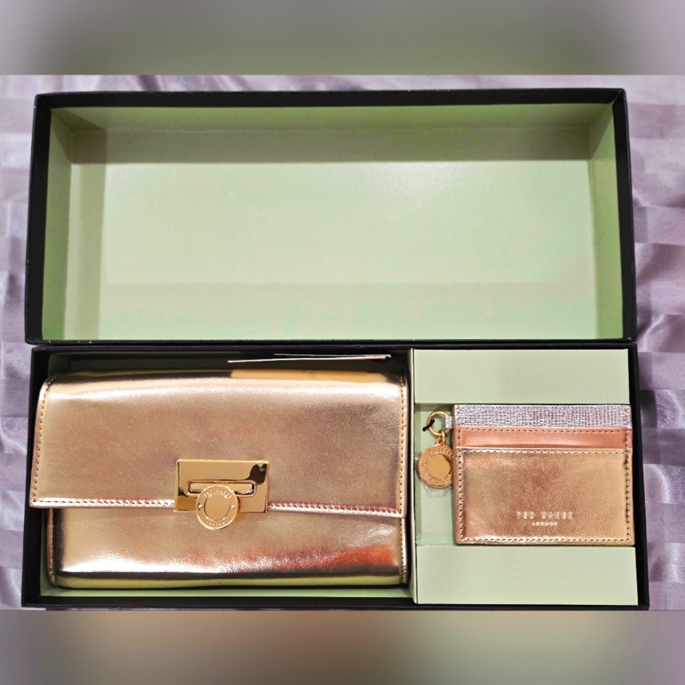 BNWT - Ted Baker Metallic Rose Gold Clutch Sling and Cardholder Boxed Set